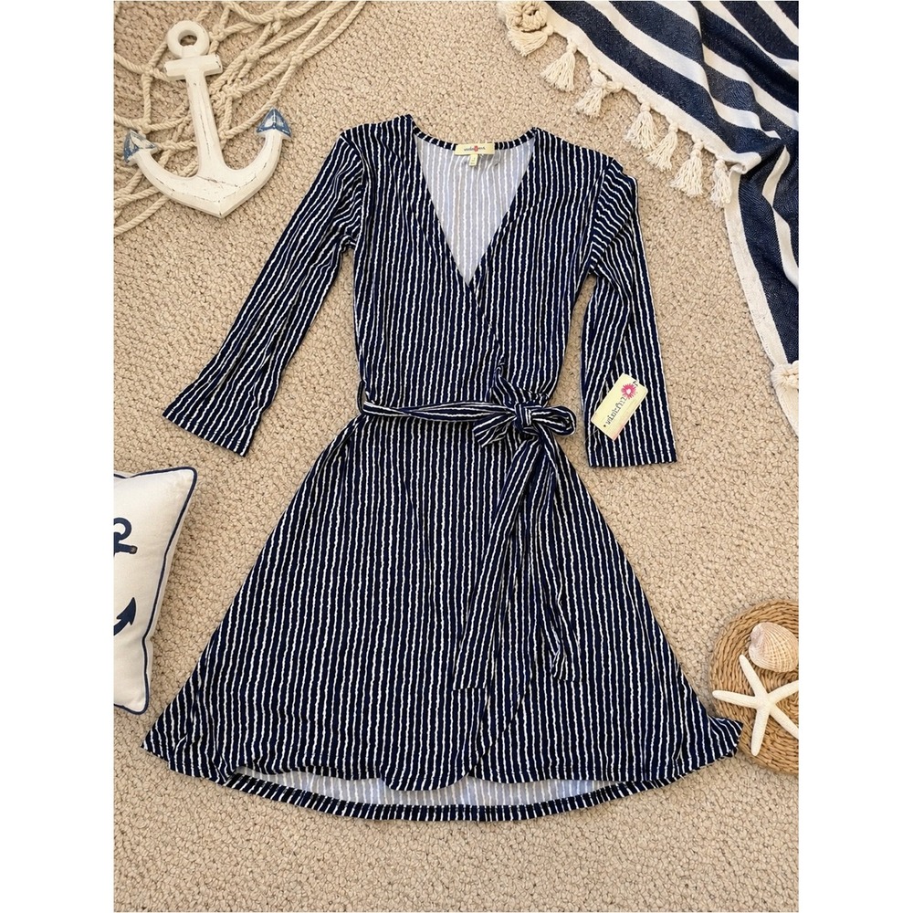 Navy White Striped Wrap Dress Small NWT Office Work